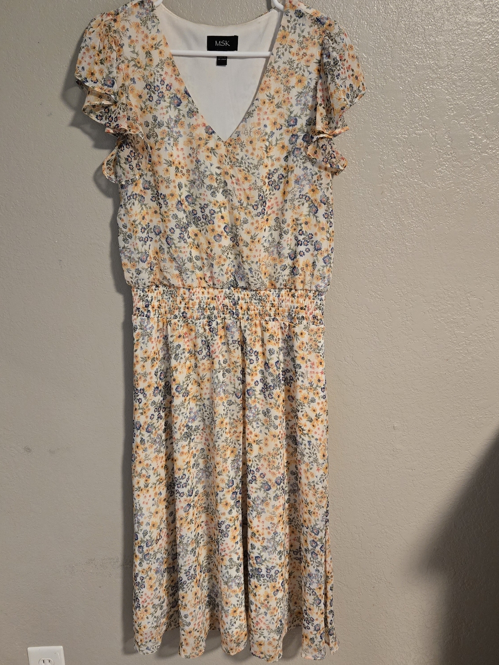 MSK Yellow Floral V-Neck Flutter Sleeve Dress